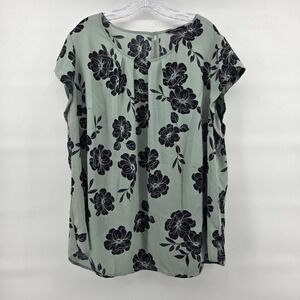 41 Hawthorn Blouse 3X Green Floral Cap Sleeve Pleated Keyhole Boho Eclectic